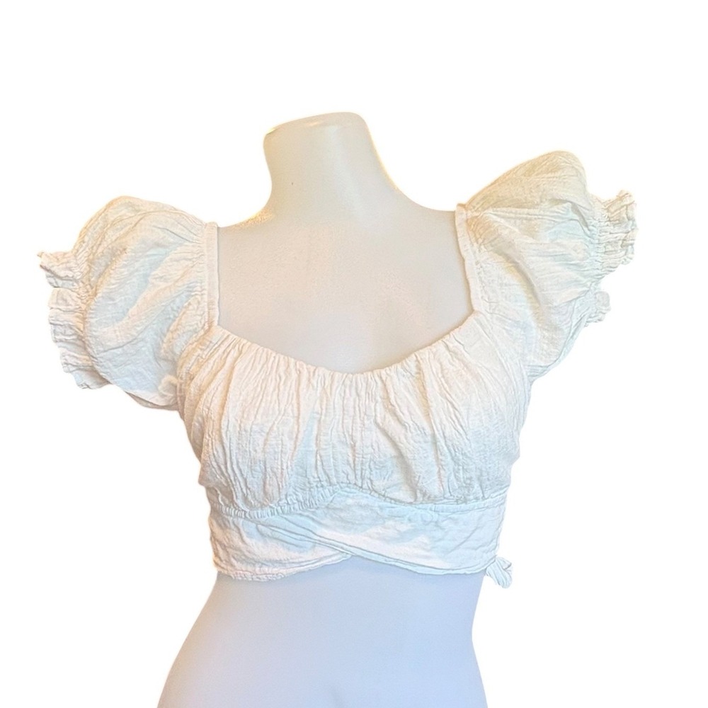 Blanco by Nature Coastal Cream Puff Sleeve Wrap Crop Top Size L Cotton Boho